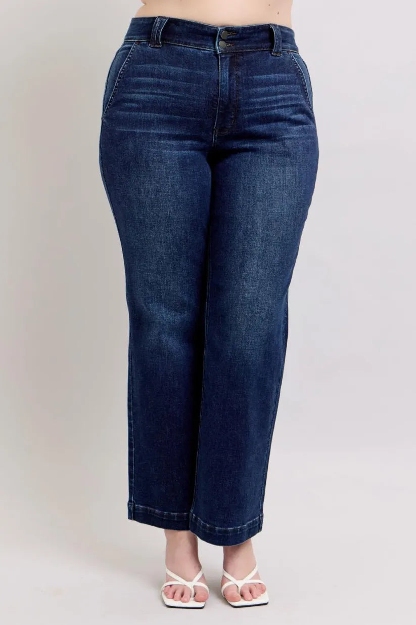 High-Waist-Jeans mit Doppelknopf und weitem Bein