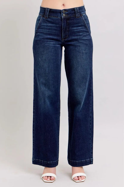 High-Waist-Jeans mit Doppelknopf und weitem Bein