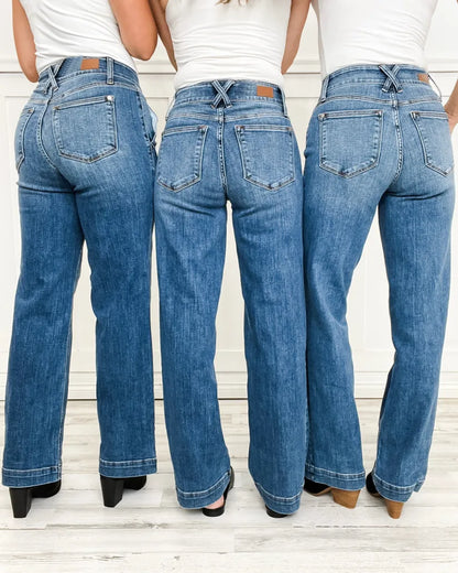 High-Waist-Jeans mit Doppelknopf und weitem Bein