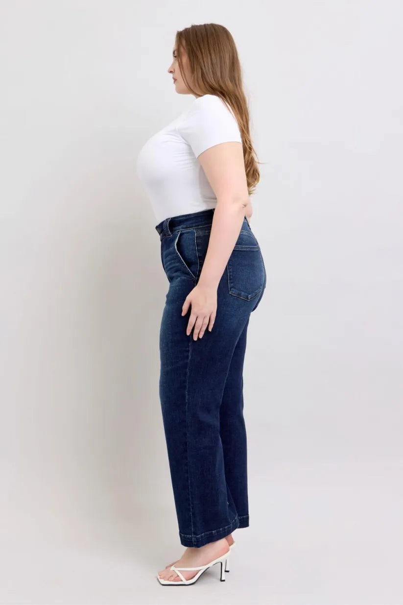 High-Waist-Jeans mit Doppelknopf und weitem Bein