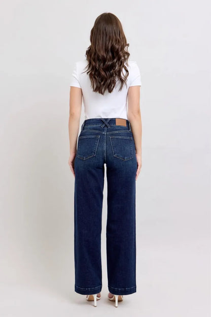 High-Waist-Jeans mit Doppelknopf und weitem Bein