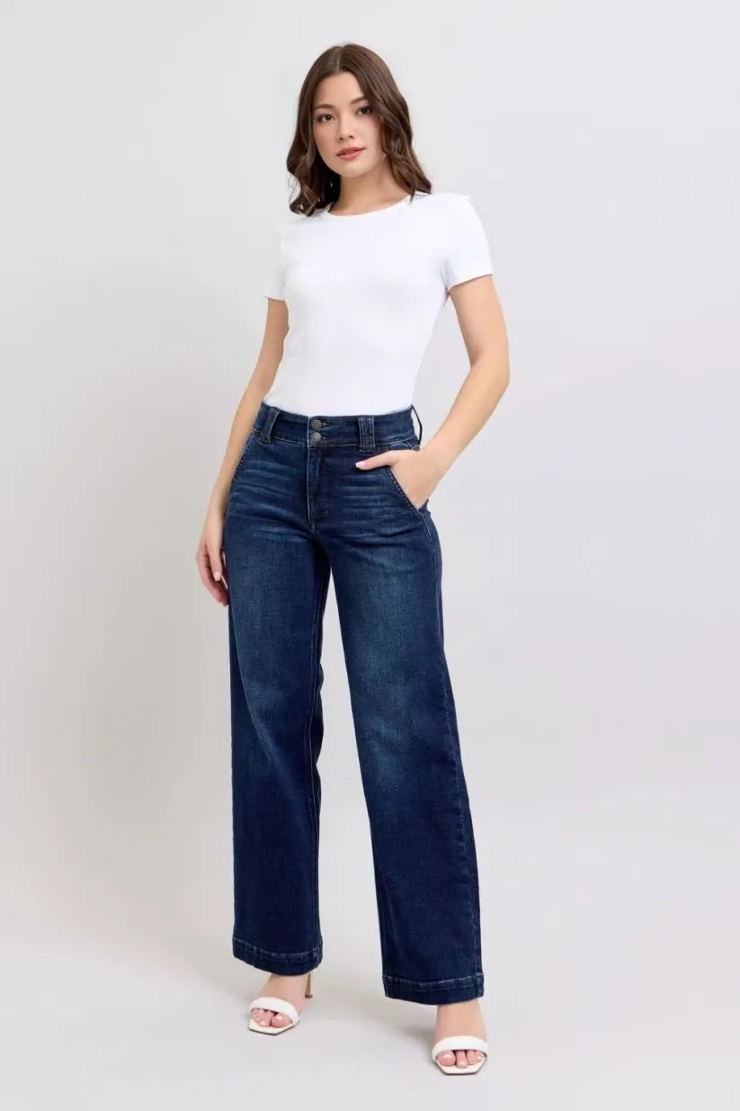 High-Waist-Jeans mit Doppelknopf und weitem Bein
