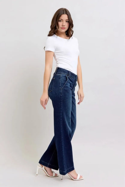 High-Waist-Jeans mit Doppelknopf und weitem Bein