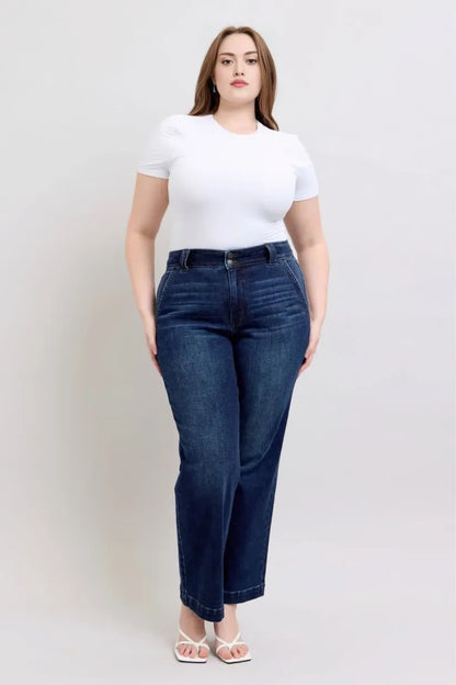 High-Waist-Jeans mit Doppelknopf und weitem Bein