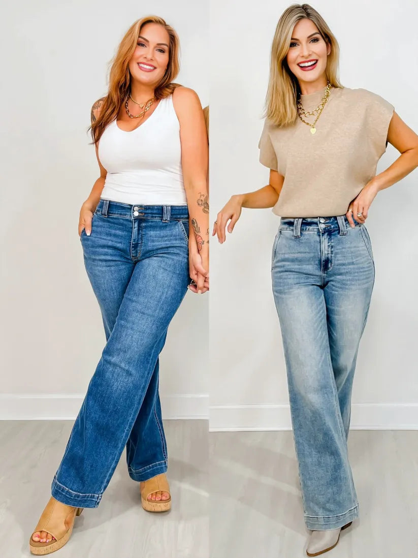 High-Waist-Jeans mit Doppelknopf und weitem Bein