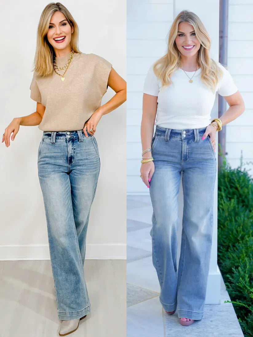 High-Waist-Jeans mit Doppelknopf und weitem Bein