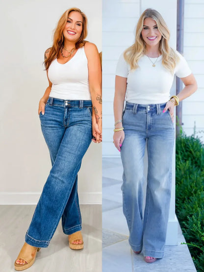 High-Waist-Jeans mit Doppelknopf und weitem Bein